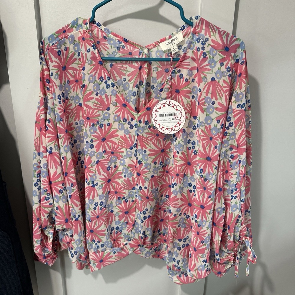 Women's Umgee Pink Floral Bell Sleeve Oversized Relaxed Large Shirt, NWT